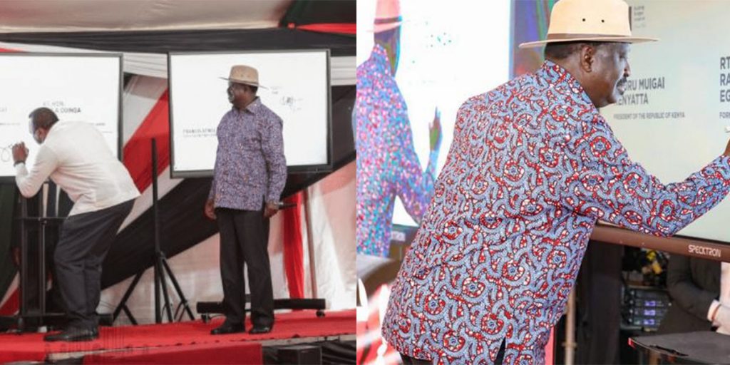 President Uhuru Muigai Kenyatta and Raila Odinga appending their signatures on the constitution of Kenya Bill at KICC on Nov, 25, 2020