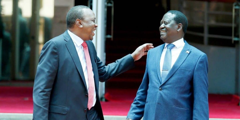 Uhuru and Raila during the handshake SRC: @Tuko